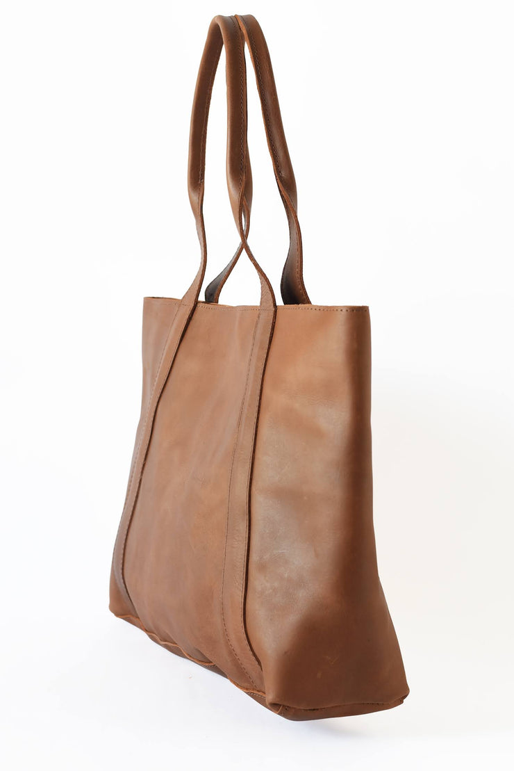 Medium Leather Shoulder Bag Tote - Cognac