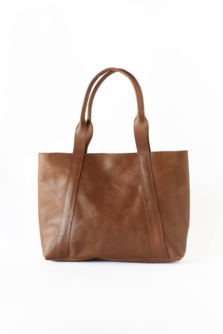 Medium Leather Shoulder Bag Tote - Cognac