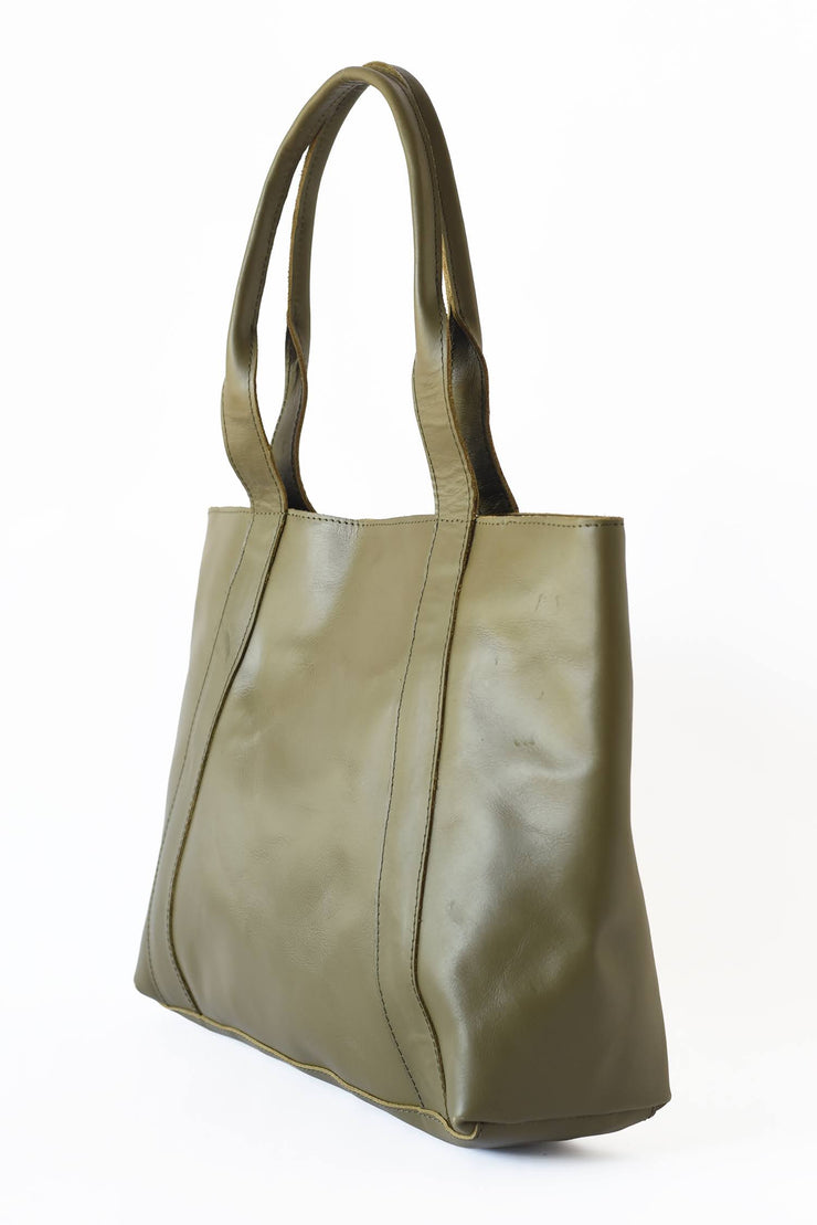 Medium Leather Shoulder Bag Tote - Olive