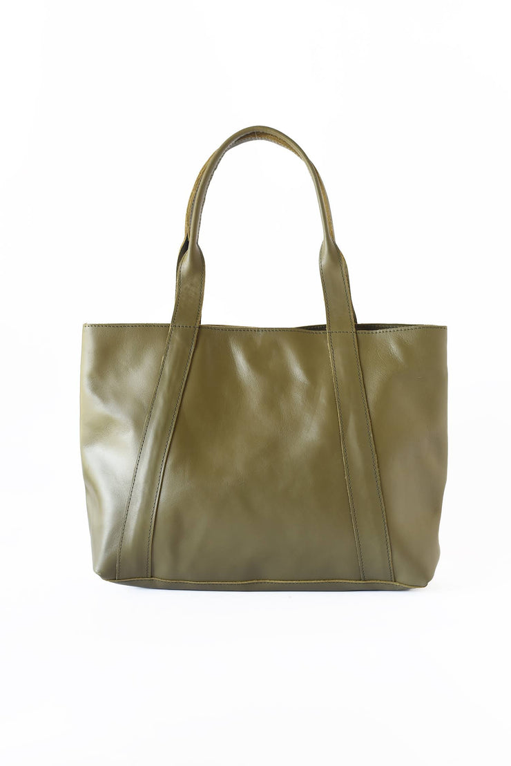 Medium Leather Shoulder Bag Tote - Olive