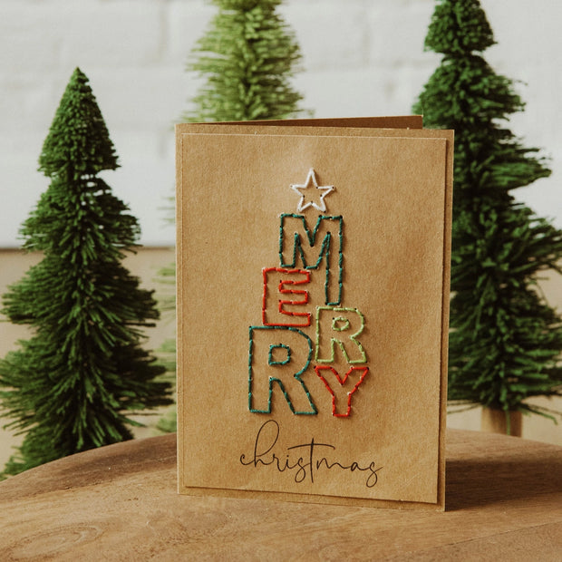 Hand-stitched Greeting Cards - Merry - set of 4