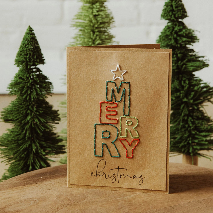 Hand-stitched Greeting Cards - Merry - set of 4