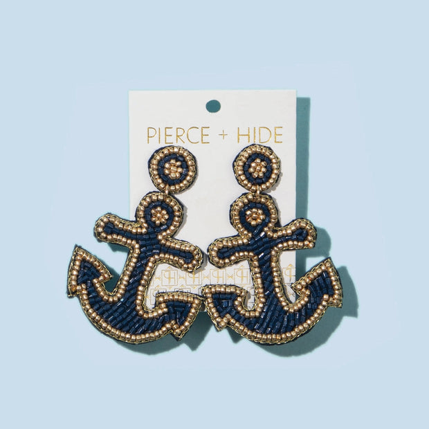 Beaded Navy Anchor Earrings