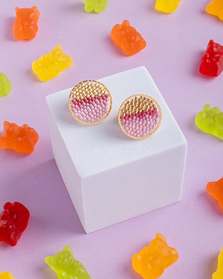 Beaded Handwoven Sweet Tart Stud Earring - Pink