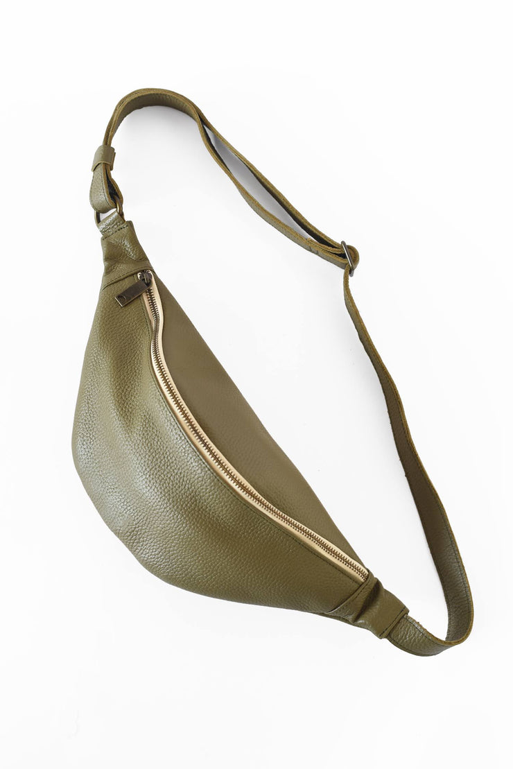 Pebbled Leather Sling Bag - Olive