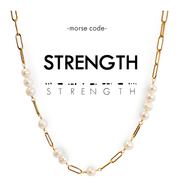 Morse Code Pearl & Gold Chain Necklace - Strength