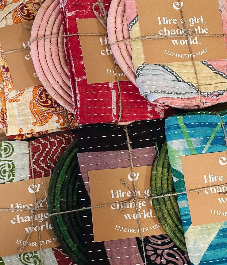Woven Trivet & Kantha Hand Towel Set