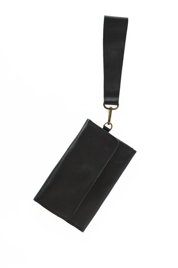 Leather Wallet Wristlet - Black