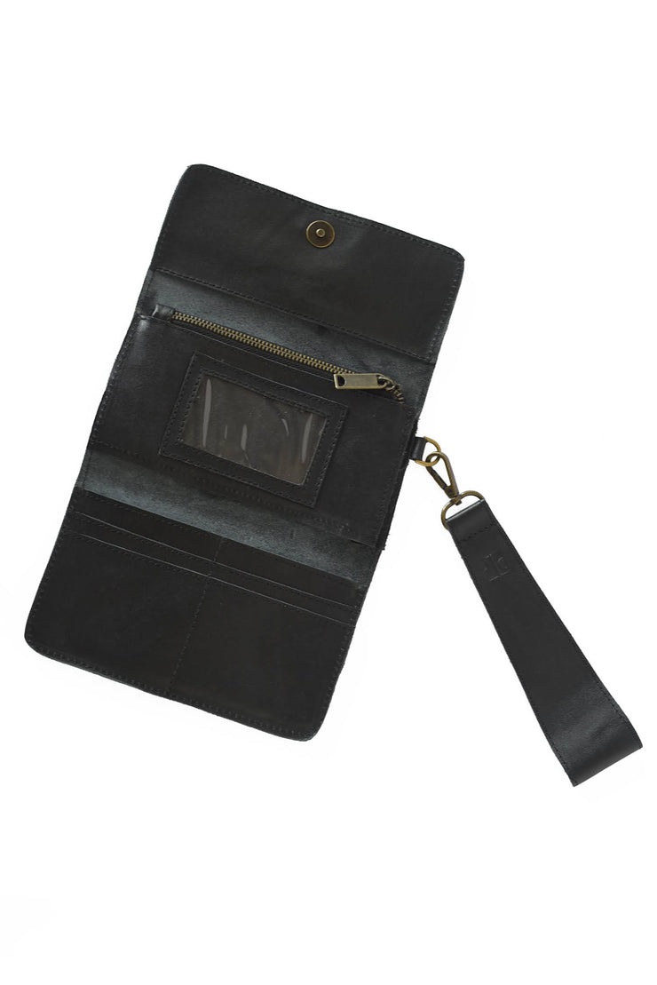 Leather Wallet Wristlet - Black