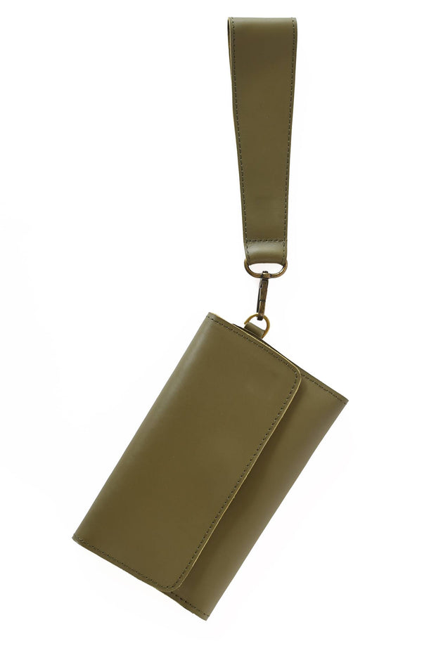 Leather Wallet Wristlet - Olive