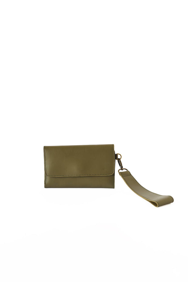 Leather Wallet Wristlet - Olive
