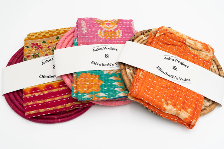 Woven Trivet & Kantha Hand Towel Set
