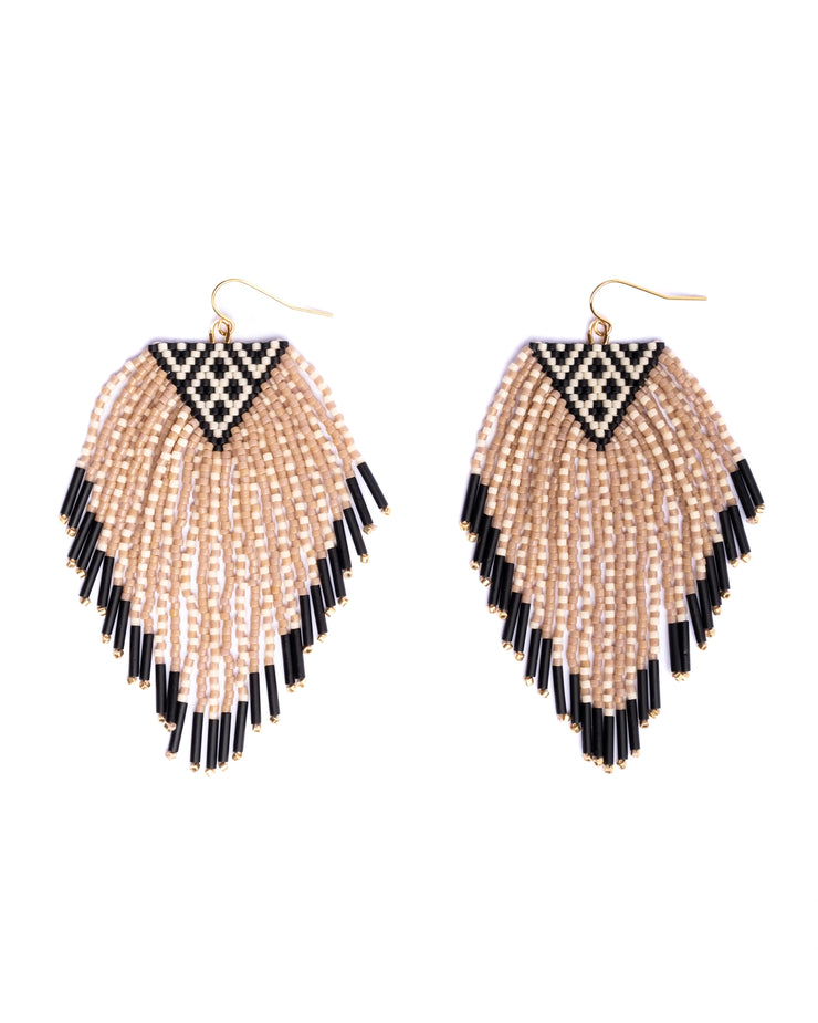 Beaded Handwoven Sonoran Triangle Fringe Earrings (Beige)