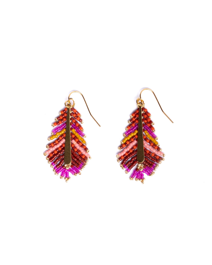 Beaded Handwoven Gilded Feather Earrings (Magenta/Orange) - Mango + Main