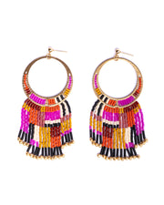 Beaded Handwoven Painted Desert Fringe Earrings (Magenta)