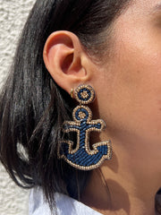 Beaded Navy Anchor Earrings
