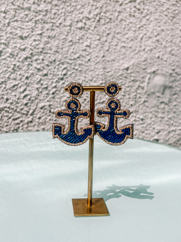 Beaded Navy Anchor Earrings
