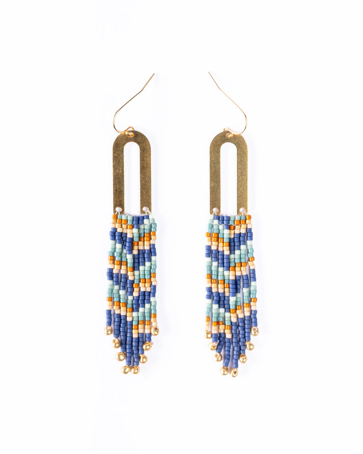 Beaded Handwoven Arch Fringe Earrings - Blue - Mango + Main