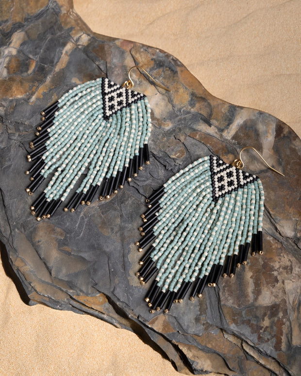 Beaded Handwoven Sonoran Triangle Fringe Earrings (Aqua)