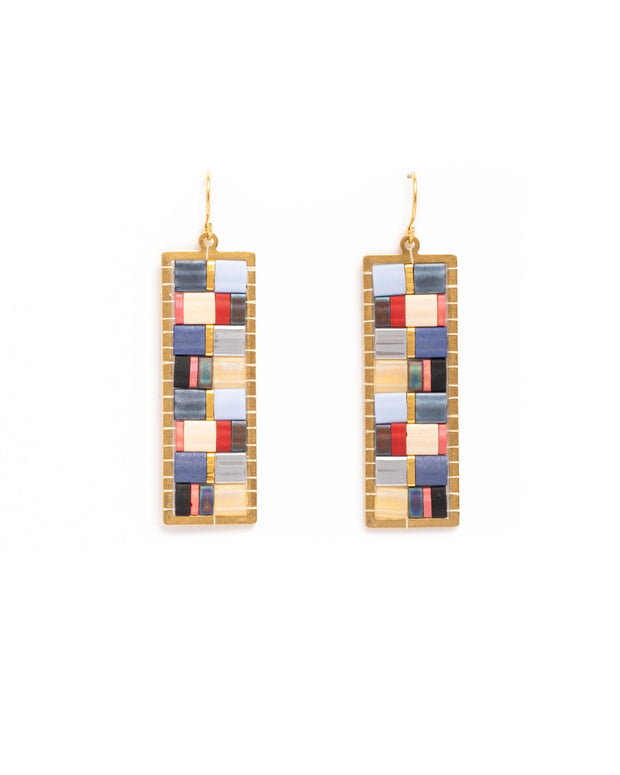 Beaded Handwoven Mosaic Tila and Brass Earrings - Blue/Red - Mango + Main