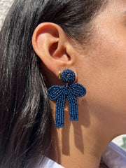 Beaded Navy Bow Earrings