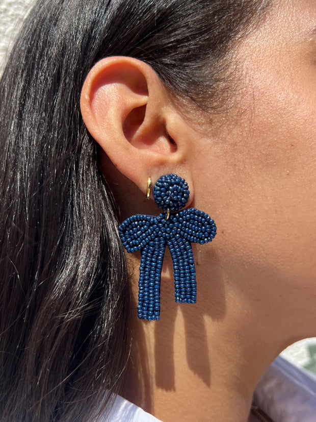 Beaded Navy Bow Earrings