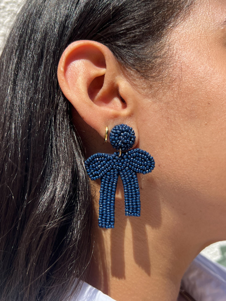 Beaded Navy Bow Earrings