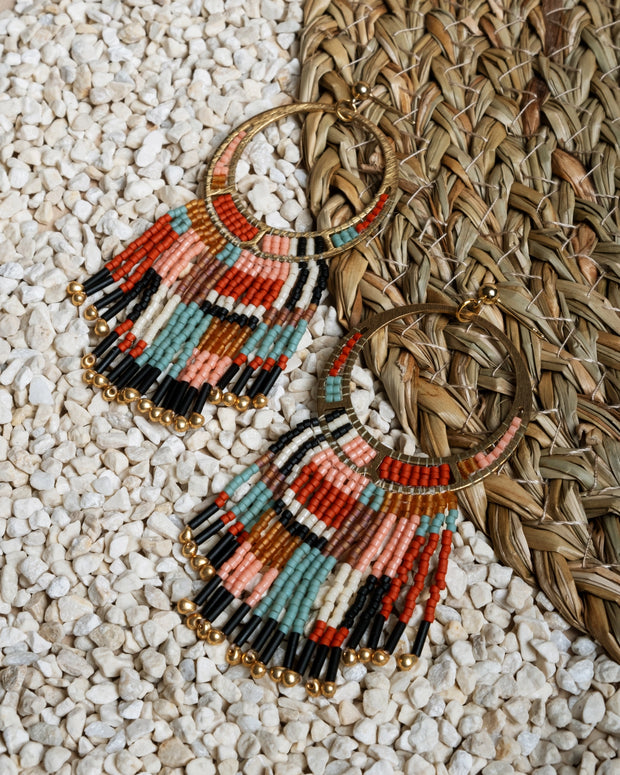 Beaded Handwoven Painted Desert Fringe Earrings (Aqua/Rust)