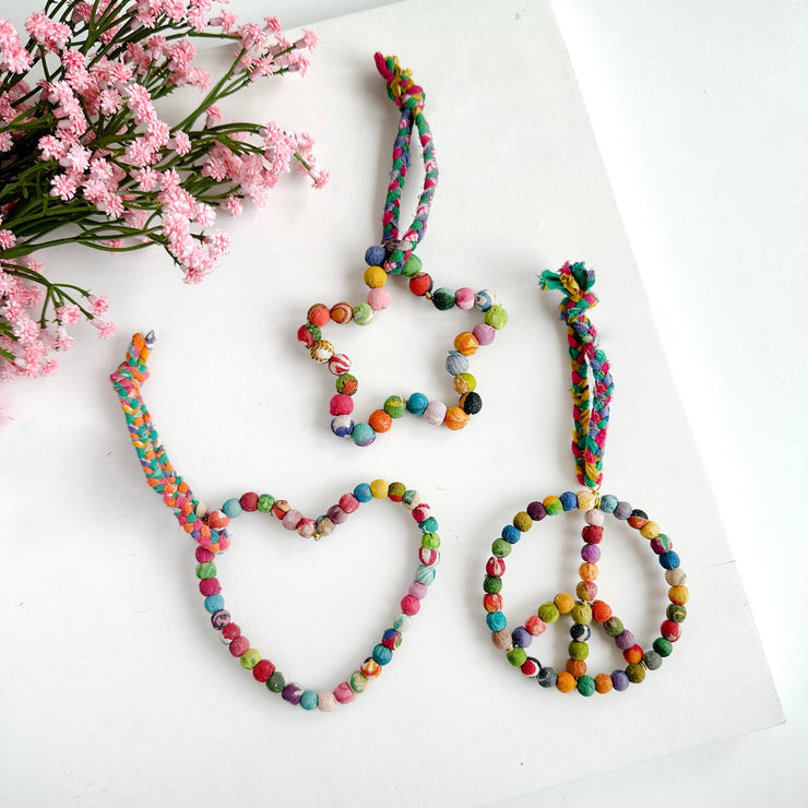 Kantha Peace Sign Sari Ornament - Mango + Main