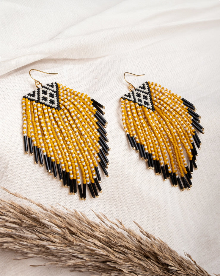 Beaded Handwoven Sonoran Triangle Fringe Earrings (Mustard) - Mango + Main