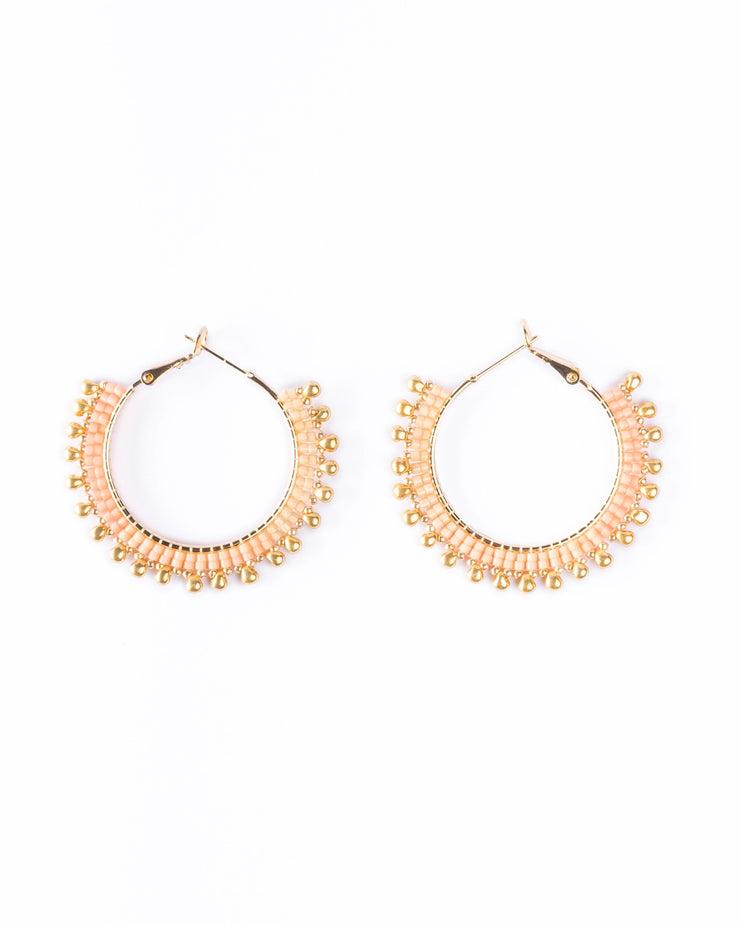 Handwoven Beaded Gold Drop Hoop Earrings - Peach - Mango + Main