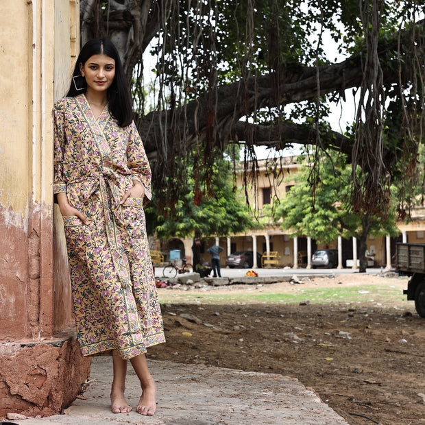 Block Print Cotton Robe - Mauve