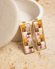 Beaded Handwoven Mosaic Tila and Brass Earrings - Lilac