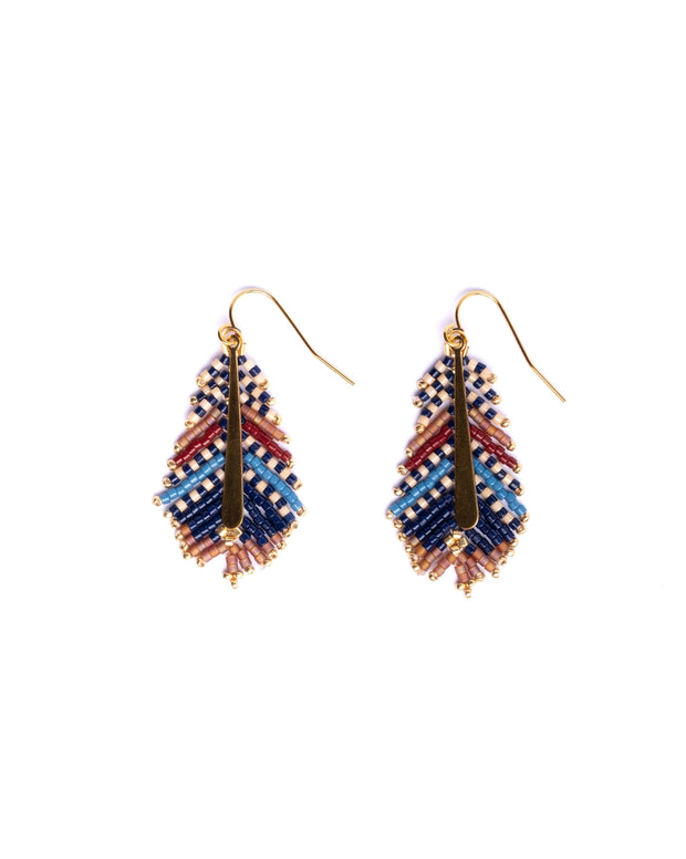 Beaded Handwoven Gilded Feather Earrings (Blue/Brown) - Mango + Main