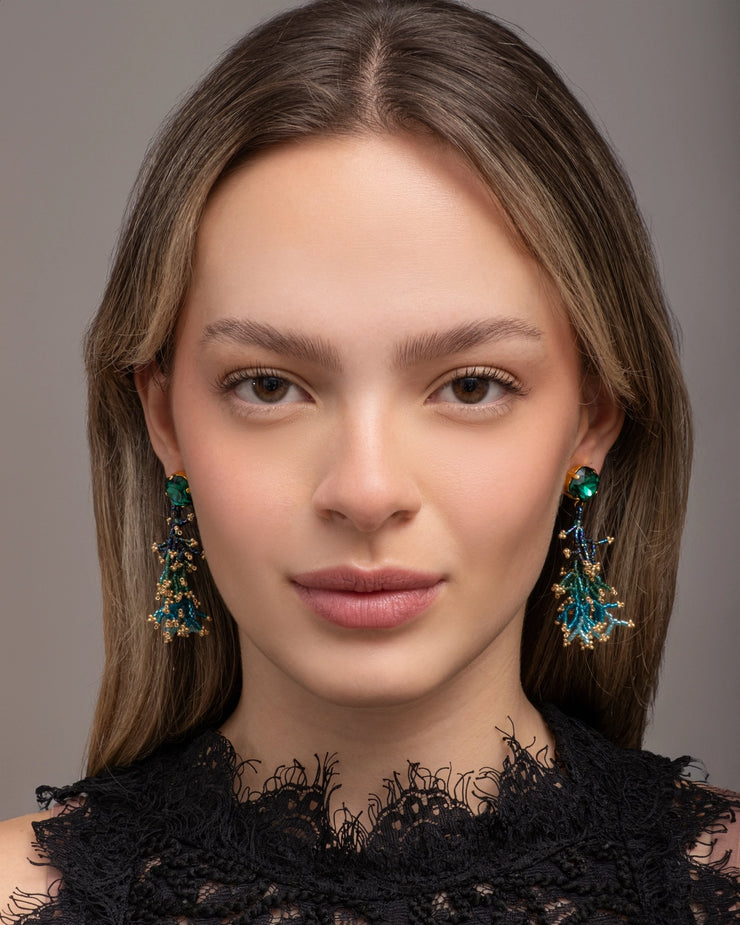 Beaded Handwoven Coral Fringe Earrings - Green