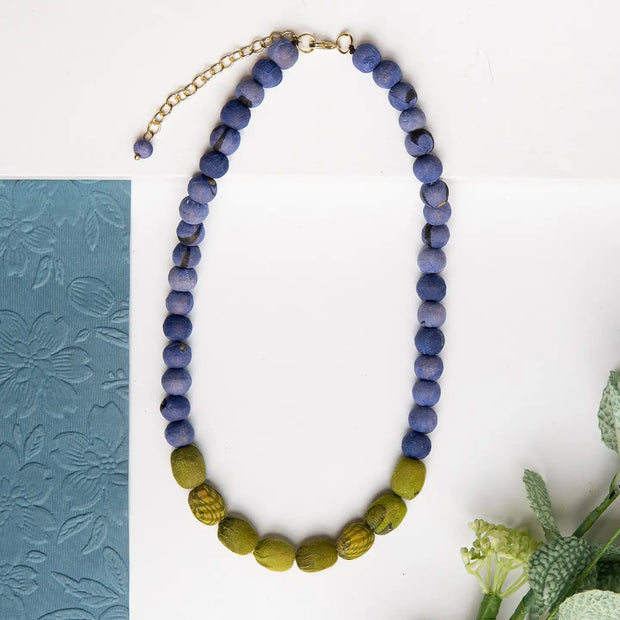 Kantha Couplet Necklace - Denim/Olive