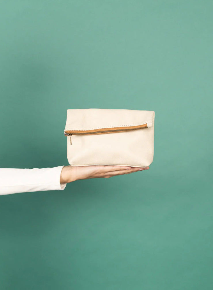 Asymmetric Leather Makeup Bag - Beige