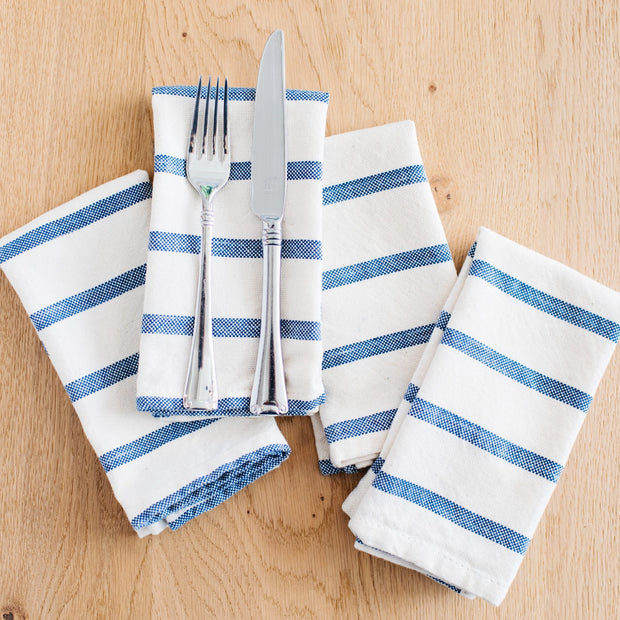Hand-loomed Cotton Napkins - Blue Stripe - Set of 4
