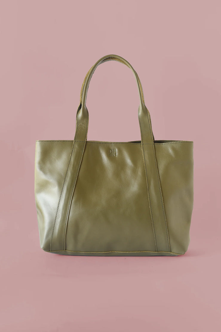 Medium Leather Shoulder Bag Tote - Olive
