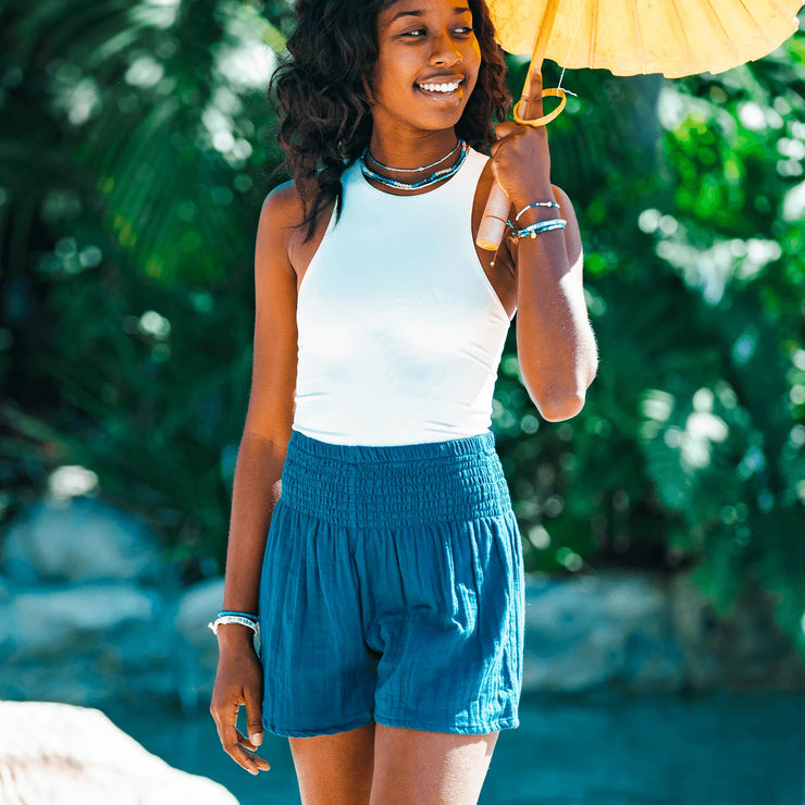 Pacific Blue Cotton High Waist Shorts