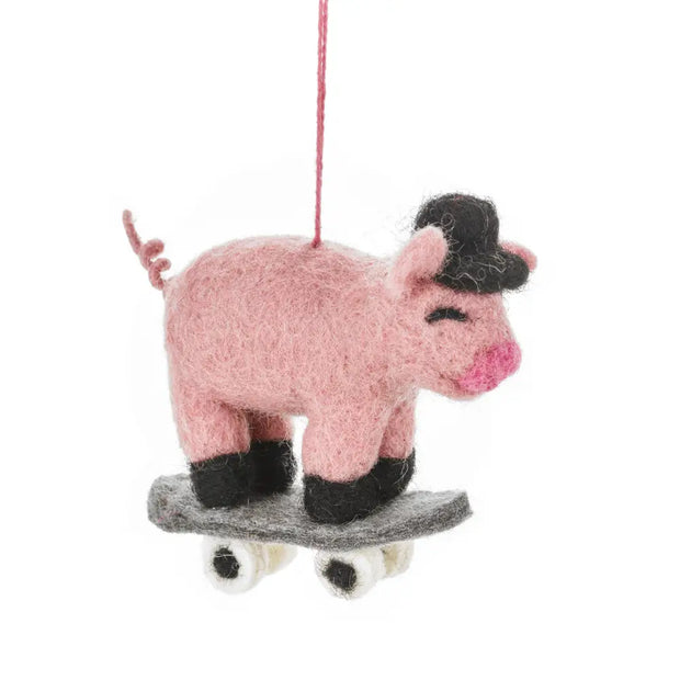 Skateboarding Pig Felt Ornament
