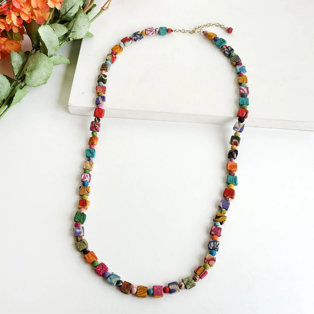 Kantha Dotted Square Long Necklace