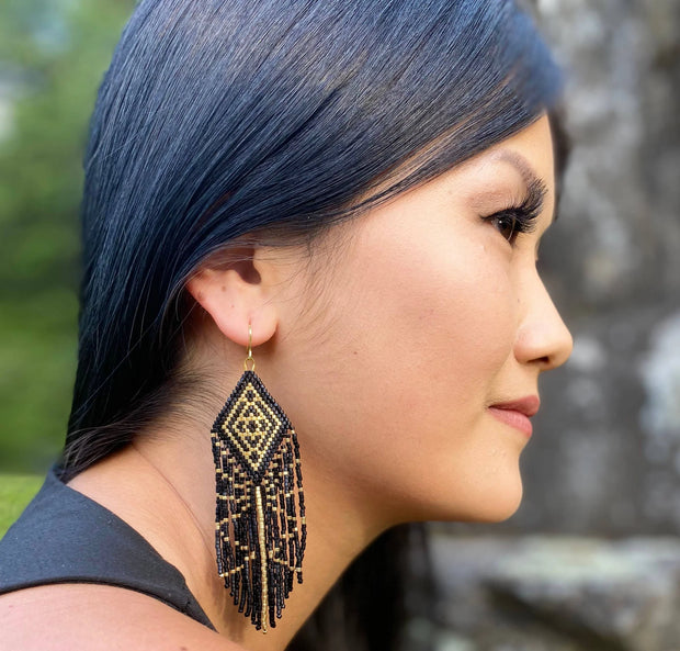 Beaded Handwoven Tribal Diamond Fringe Earrings