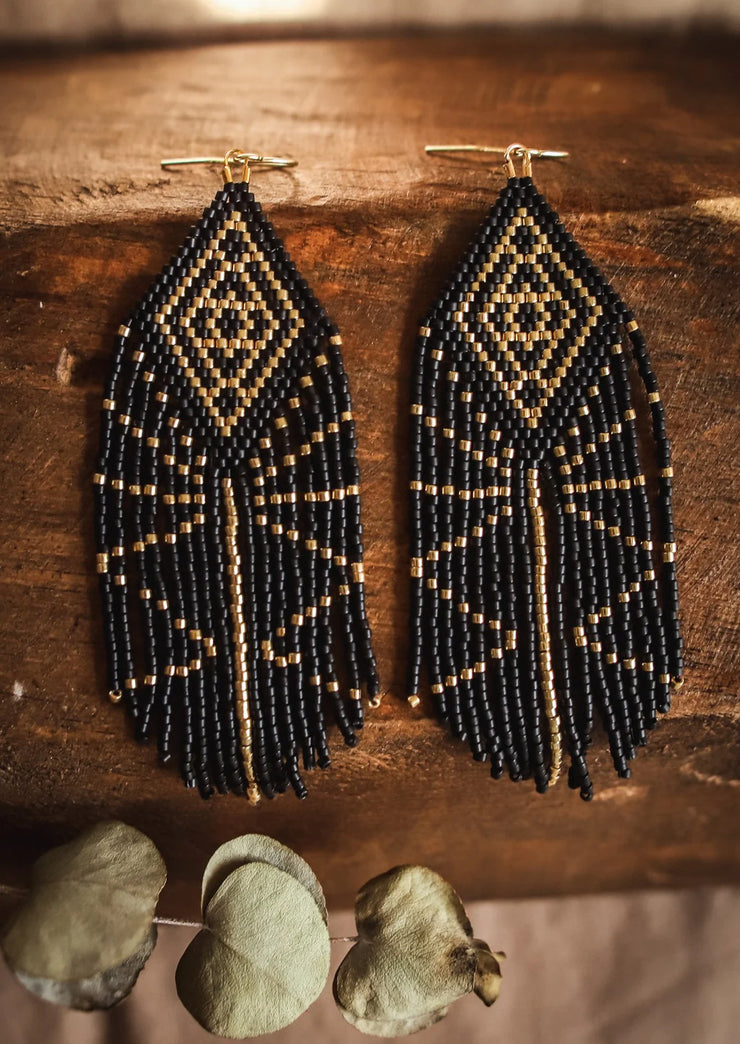 Beaded Handwoven Tribal Diamond Fringe Earrings