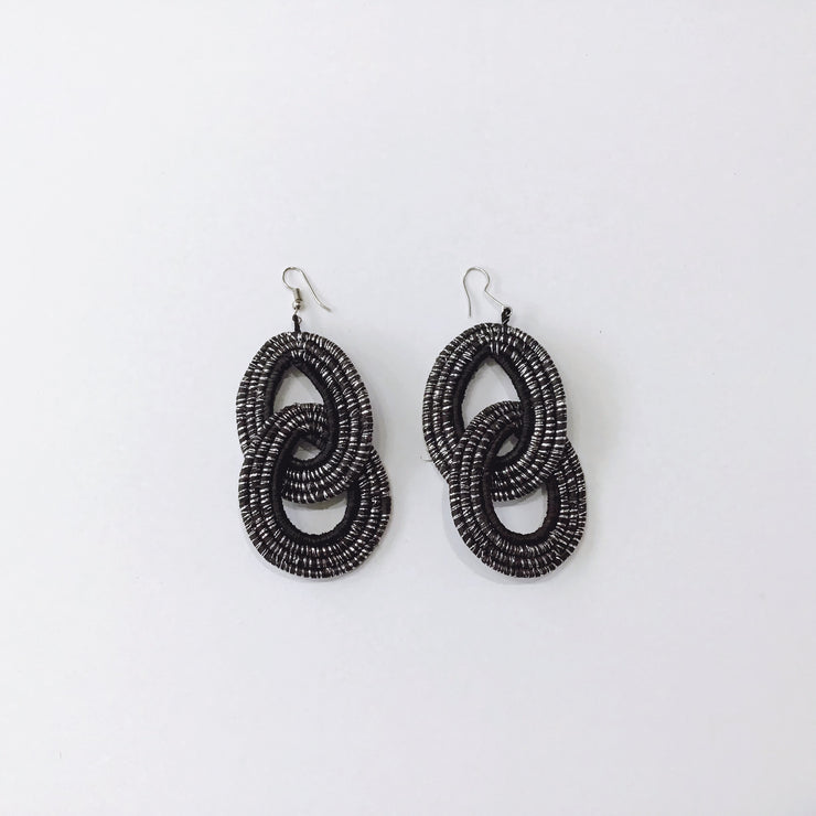 Double Woven Loop Earrings- Black/Silver