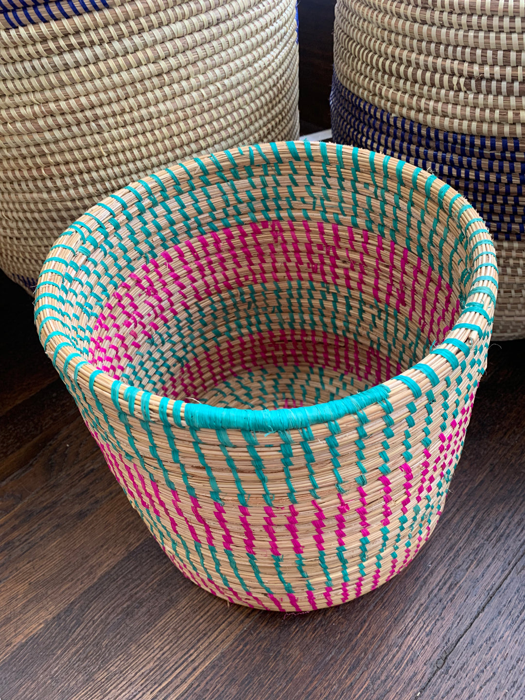 Uganda store Small Hand Woven Raffia Turquoise Cylinder Basket