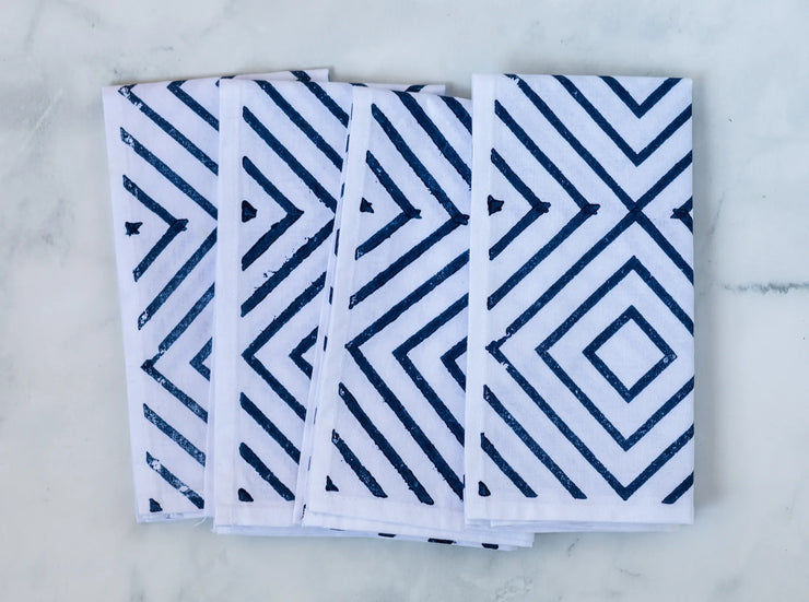 Block Printed Dinner Napkins - Navy Diamond