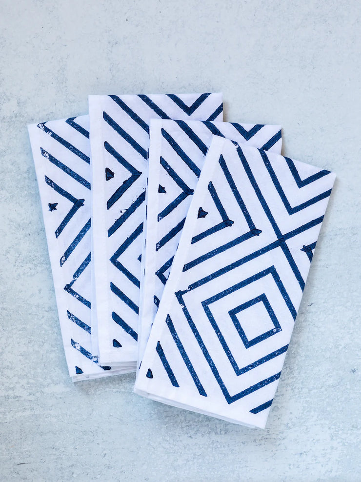 Block Printed Dinner Napkins - Navy Diamond