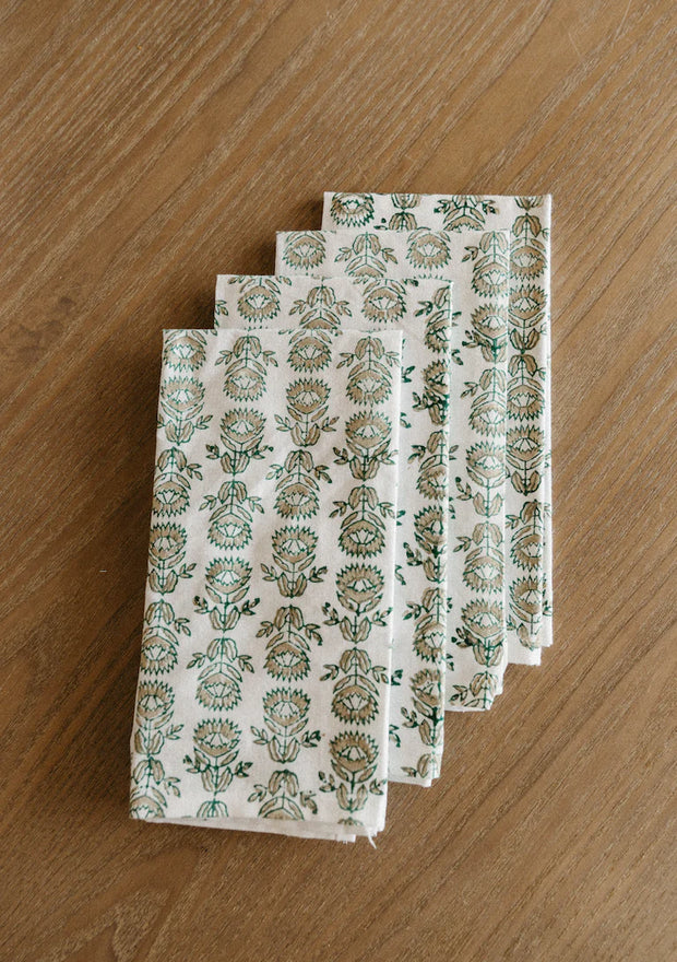 Block Printed Dinner Napkins - Evergreen & Gold Protea