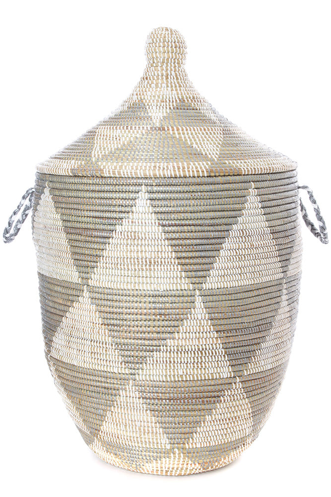 Large Lidded Hamper- silver and white triangle